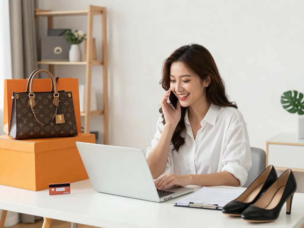 Online shopping experience at a Replica Shop showcasing designer bags and shoes.