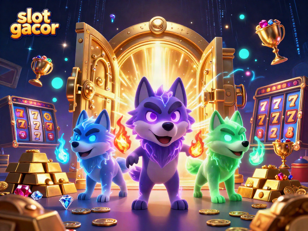 Spin and win big with slot gacor featuring golden treasure vaults and spirited wolf companions in a casino scene.