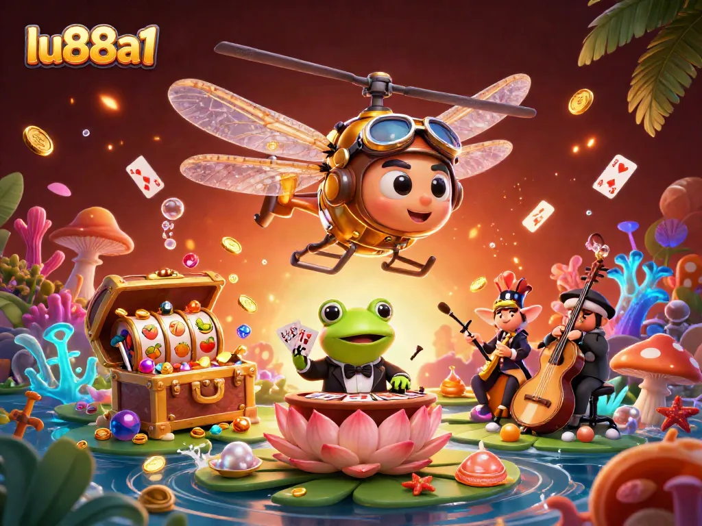 Spin the reels and collect treasures at lu88a1's dazzling casino illustrated scene with vibrant characters.