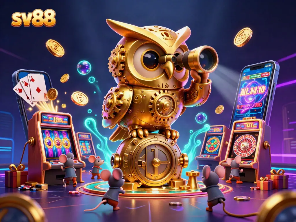 sv88 offers exciting casino opportunities with a golden owl overseeing vibrant slot games and rich rewards