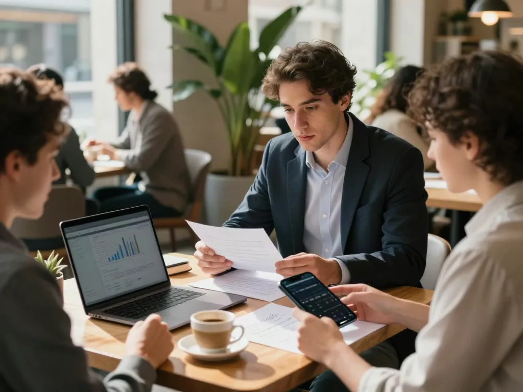 Youthful man discussing finance at a café, illustrating red-deer.paydayloans-on.ca financial services.