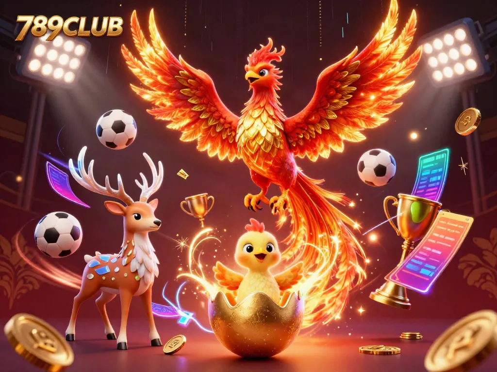 Engage with 789CLUB, featuring vibrant 3D phoenix characters and dynamic sports elements in a rich casino scene.