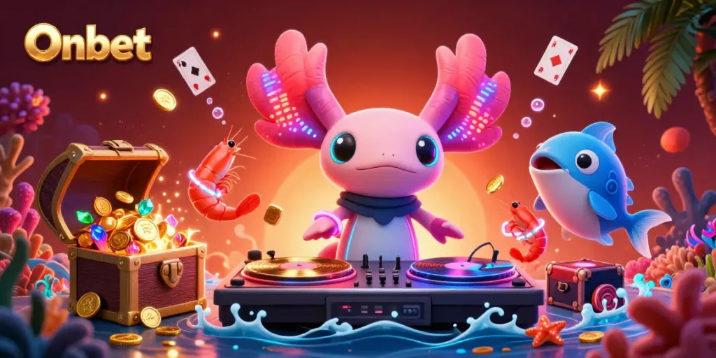 Experience the vibrant atmosphere at Onbet with colorful underwater casino elements and animated characters.