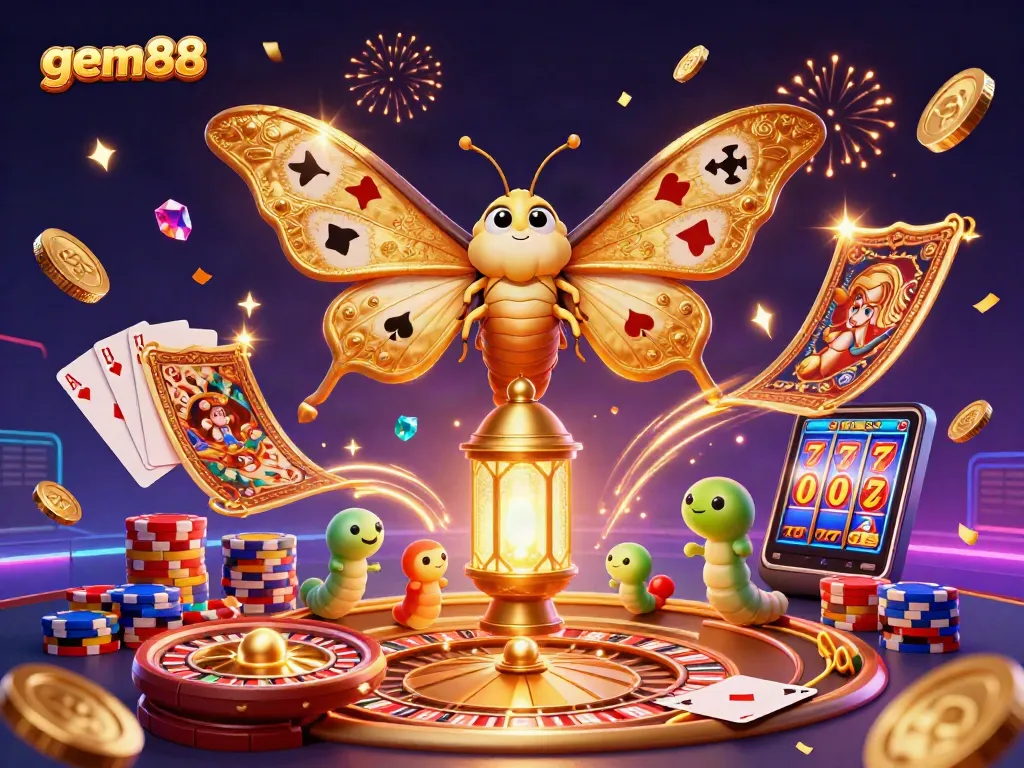 Experience the thrill of gem88 with vibrant 3D casino visuals, showcasing games and rewards.