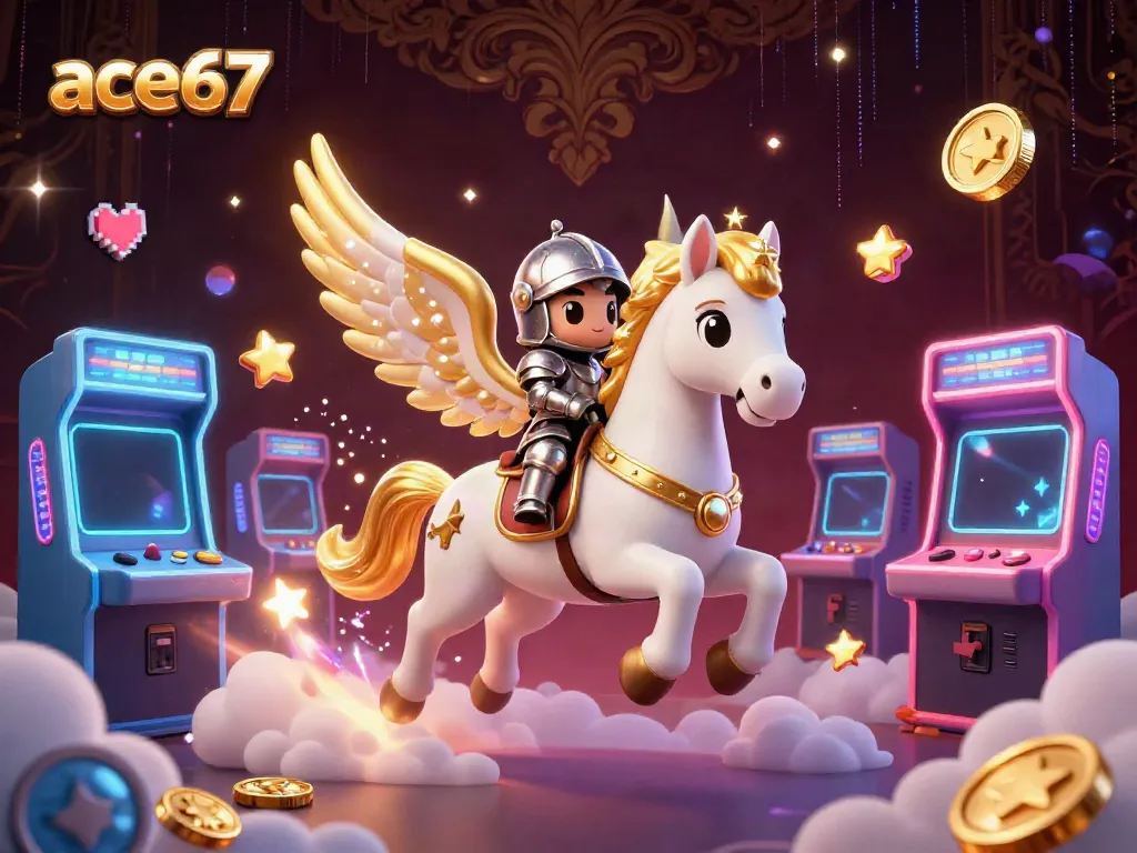 Experience thrilling gameplay at ace67 with an ultra-detailed scene of a celestial knight and vibrant arcade games.
