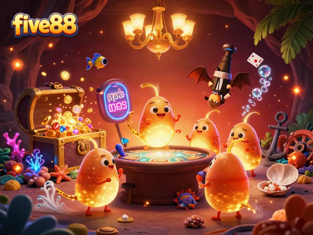 Experience the thrilling world of five88 with glowworms illuminating a vibrant cave casino scene.