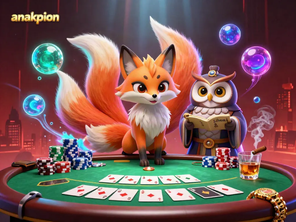 Anakpion showcases a vibrant 3D gaming scene with poker elements, glowing characters, and casino action.