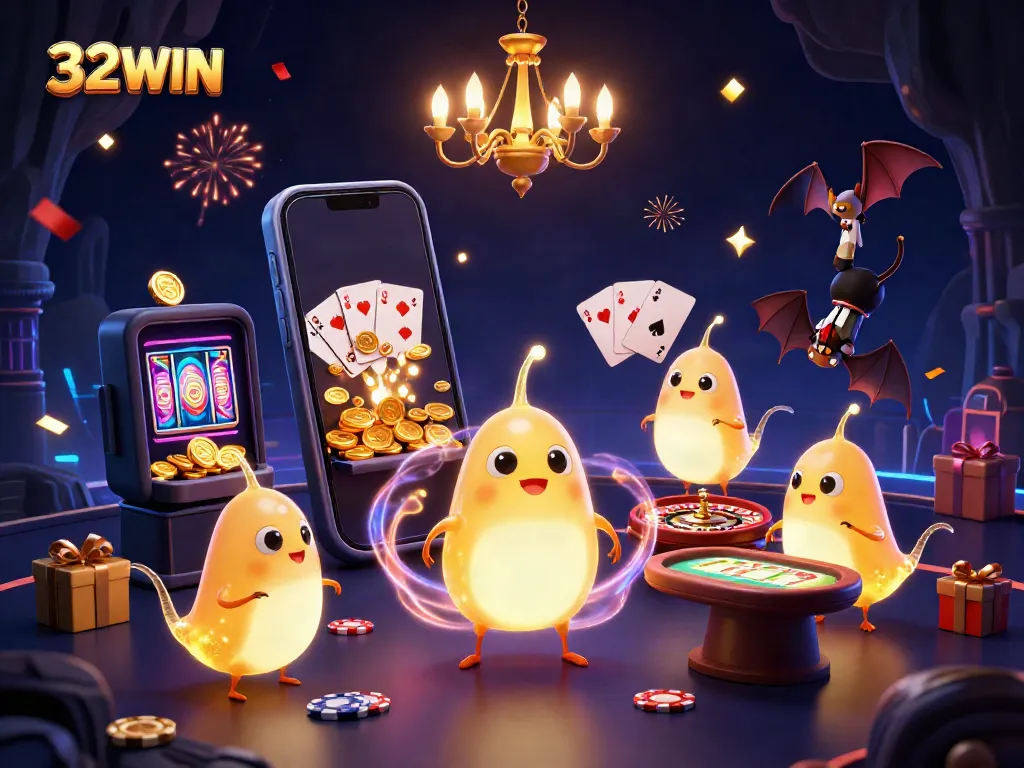 Experience gaming excitement at 32WIN as glowworms illuminate a vibrant casino scene.