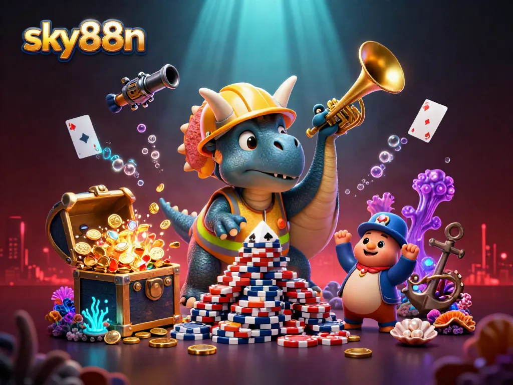 Experience thrilling casino action with sky88n in a vibrant underwater scene celebrating wins.