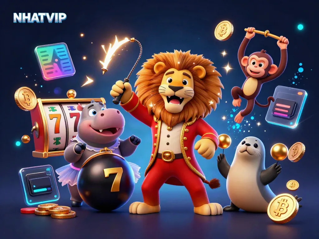 Experience thrilling NHATVIP casino action with a vibrant circus-themed illustration featuring dynamic game elements.