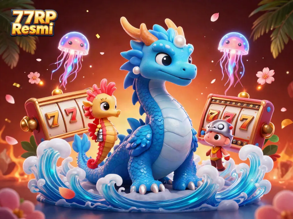 Engaging illustration highlighting 77RP Resmi, showcasing an azure water dragon and gaming elements.