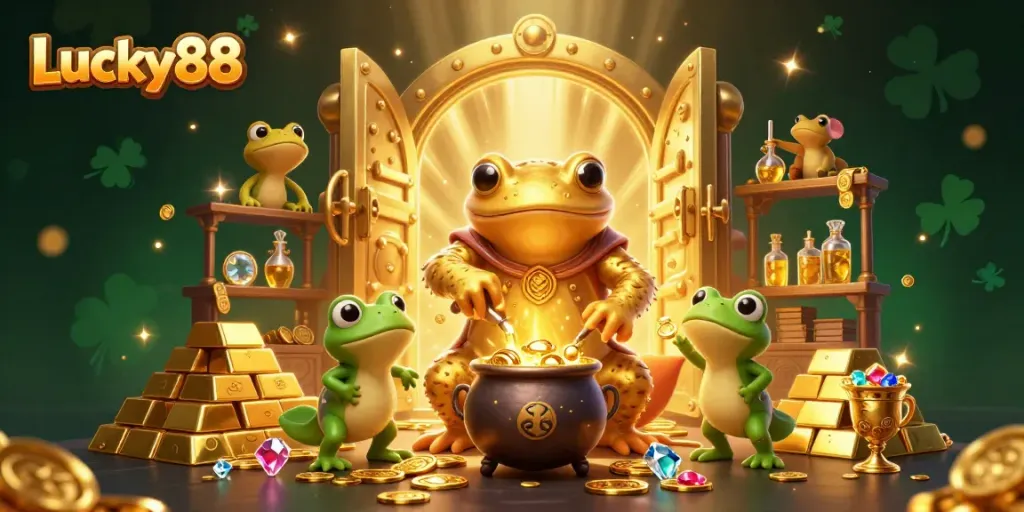Experience Lucky88's enchanting world with a giant golden salamander alchemist, gold coins, and magical treasures.