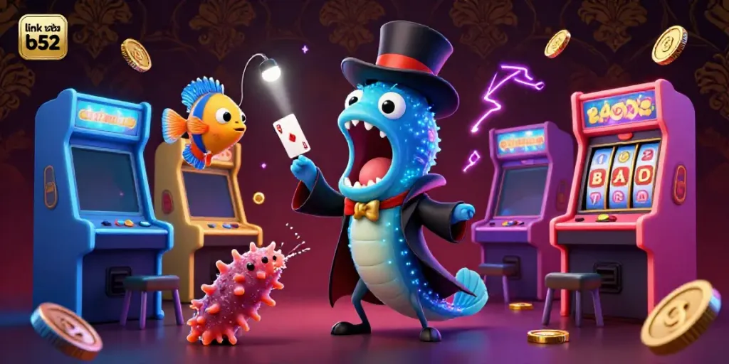 Engage with link vào b52 as a bioluminescent eel performs magic amidst vibrant casino elements.