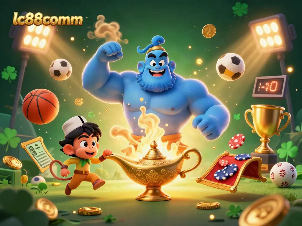 Engage with lc88comm’s exciting betting scene featuring a genie, monkey, and a colorful sports theme.