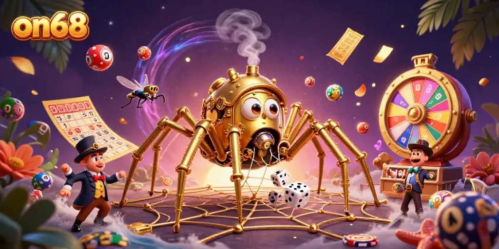 Engage with the exciting gaming experience on68 featuring a steampunk spider and casino elements.