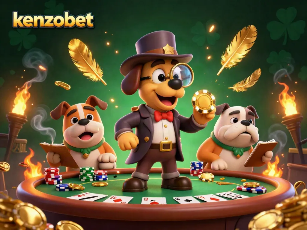 Kenzobet excitingly showcases a detective and a bulldog in a rich casino setting, filled with poker chips and coins.