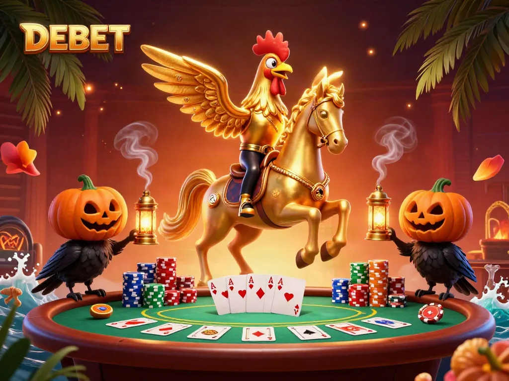 Engaging DEBET online casino scene with a golden rooster and poker elements.