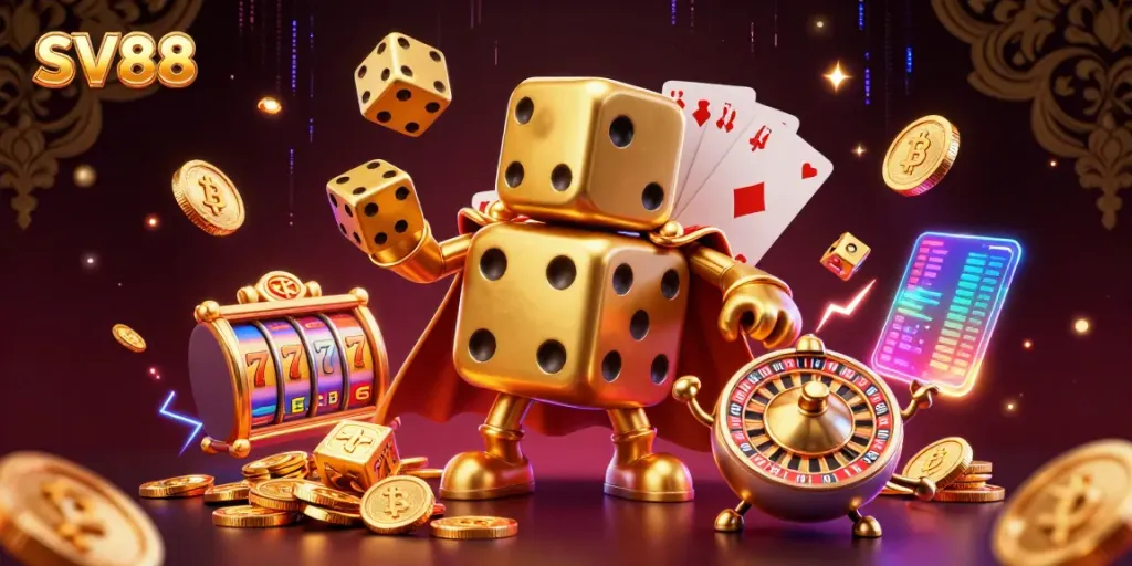 Experience the excitement of SV88 with a dynamic scene featuring a golden dice golem and vivid slot elements.