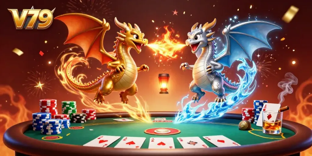 Experience exciting gameplay at V79 with twin dragons and vibrant casino elements.