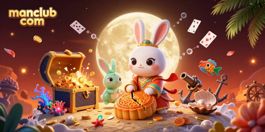 Experience the thrill of manclub com with this vibrant 3D casino-themed illustration showcasing a lunar rabbit and dynamic gaming elements.