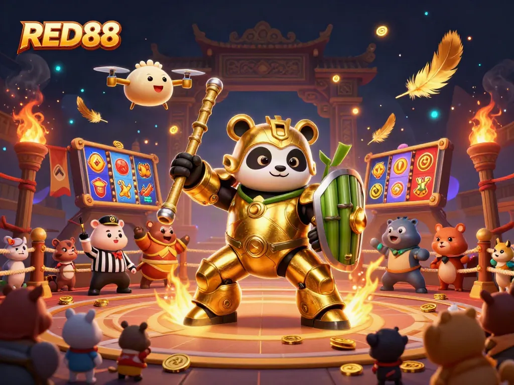 Experience exciting gameplay action with RED88's vibrant casino-themed illustration featuring a golden panda and betting elements.