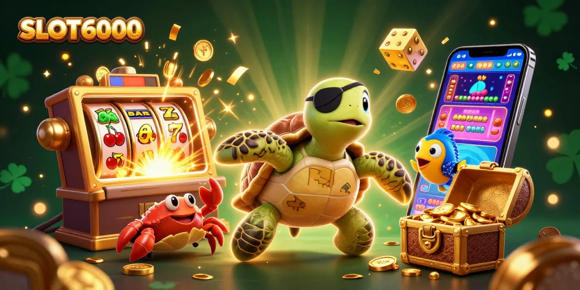 SLOT6000 offers a thrilling jackpot experience with a vibrant 3D illustration of characters amidst casino elements.