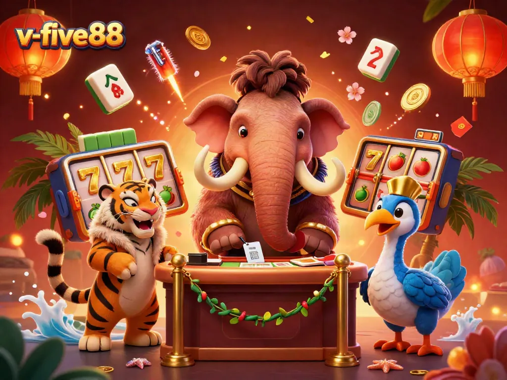 Experience excitement at v-five88 with vibrant 3D characters at a casino entrance, featuring fun gaming elements.