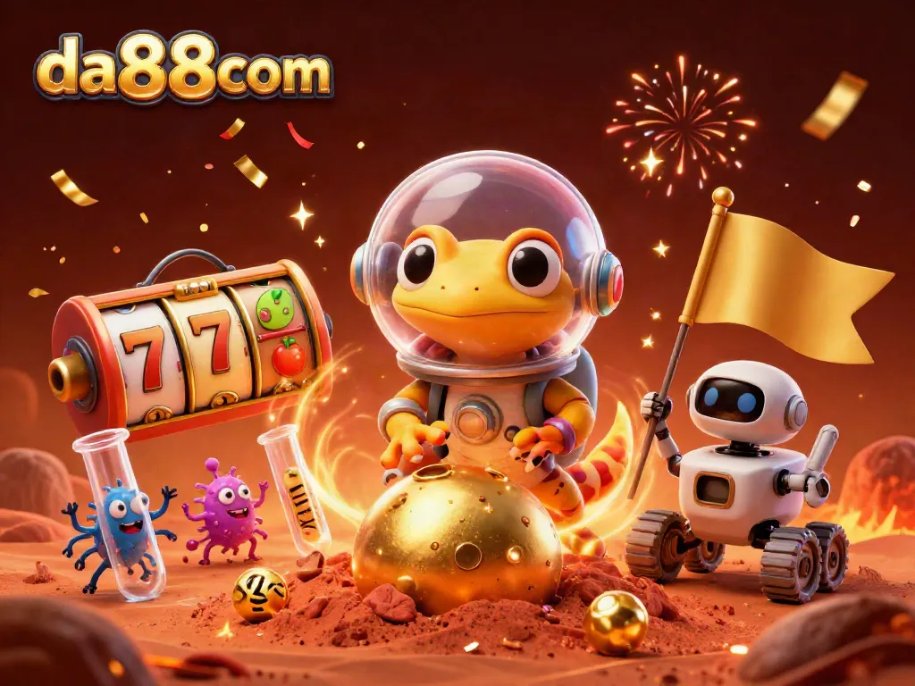 Experience thrilling wins at da88com with a vibrant illustration of a Martian gecko discovering a golden casino.