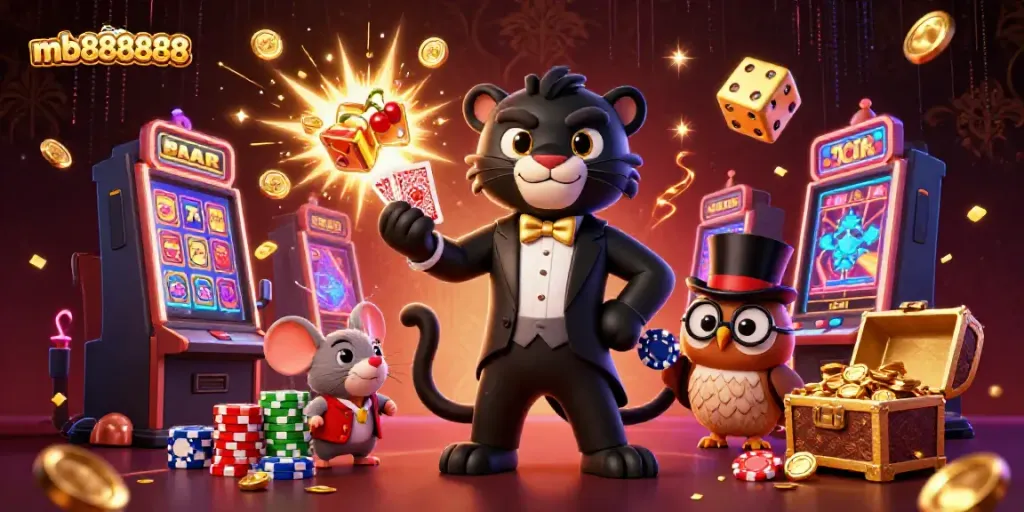 Experience the excitement at mb888888 with a stylish panther dealer, owl with poker chips, and a lucky mouse amid casino action.