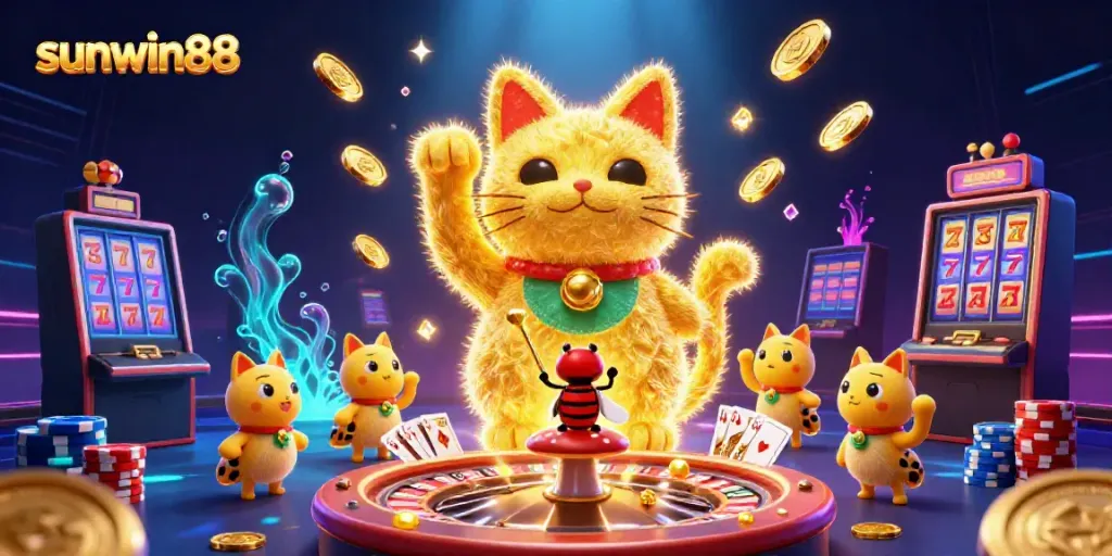Experience excitement with sunwin88's vibrant lucky cat and casino symbols.