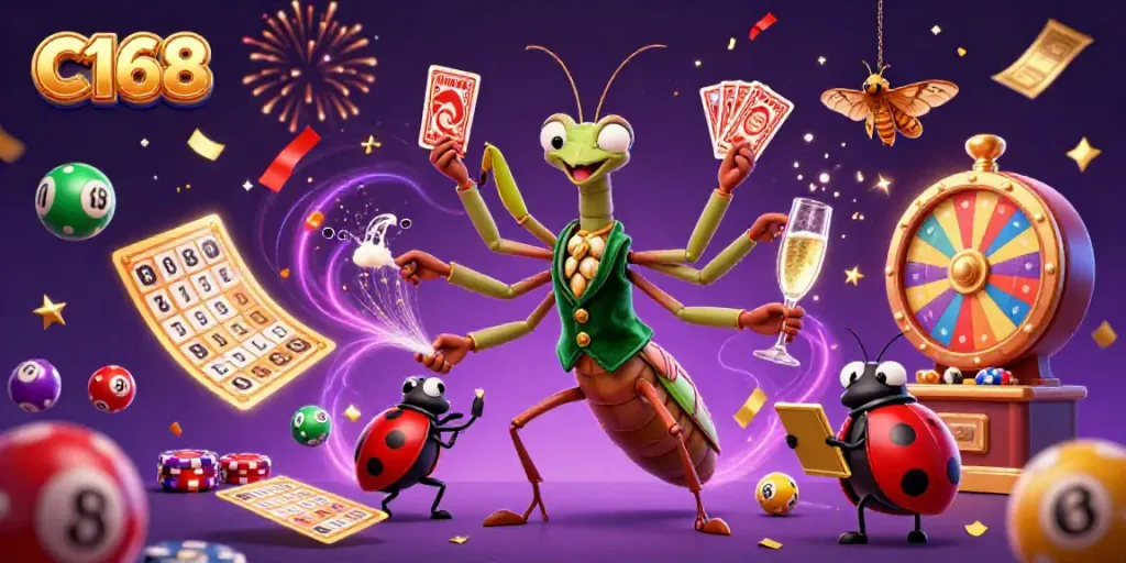 C168 showcases vibrant casino excitement with a giant praying mantis and ladybug interacting amidst colorful lottery elements.