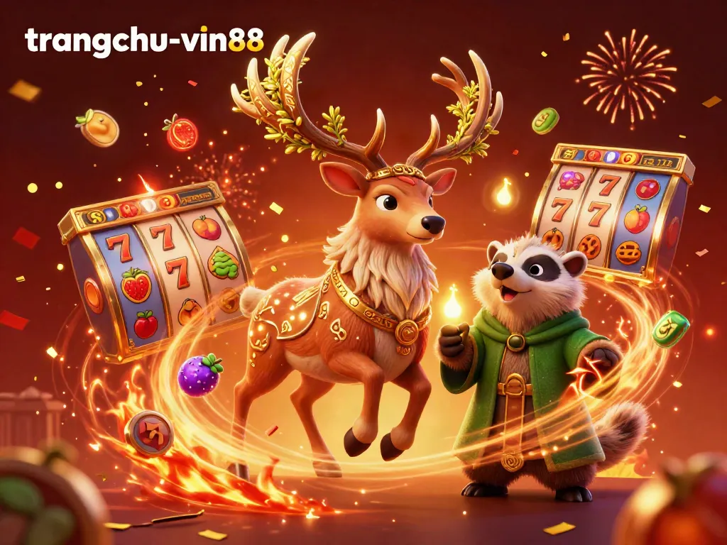 Engage with the vibrant gaming scene at trangchu-vin88 featuring a druid stag and magical casino elements.
