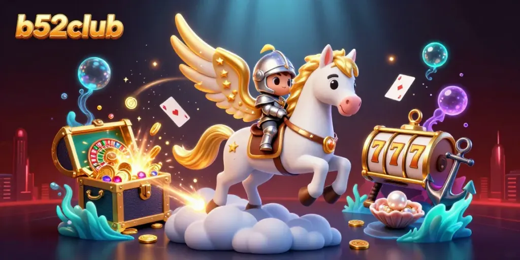 Experience big wins in b52club with a knight on a celestial horse amidst casino treasures.