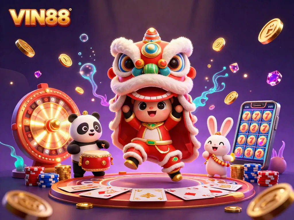 Spin and win at VIN88 with festive characters celebrating casino excitement and golden rewards!