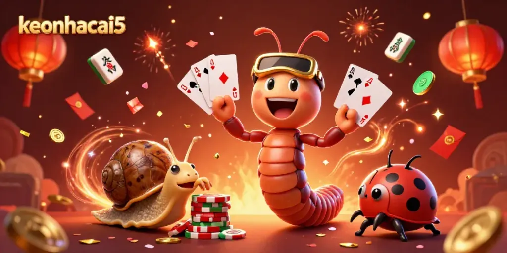 Experience the excitement of keonhacai5 with a dynamic casino scene featuring a cartoon millipede dealer.