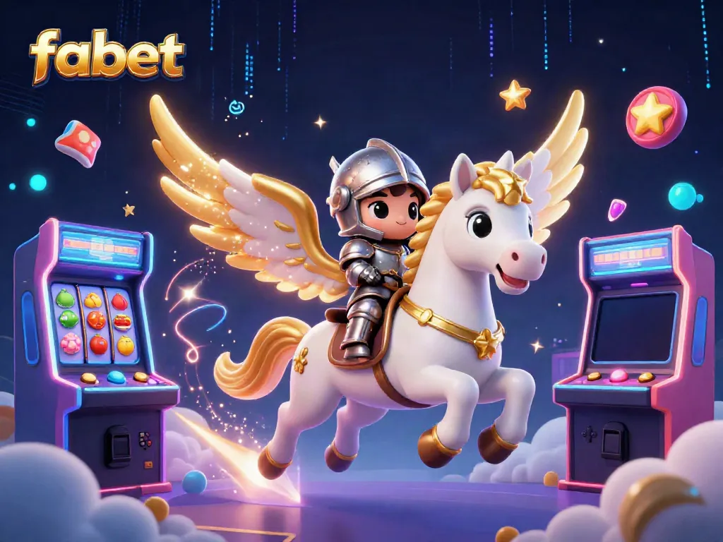 Engage with fabet's thrilling casino atmosphere featuring a celestial horse and vibrant arcade elements.