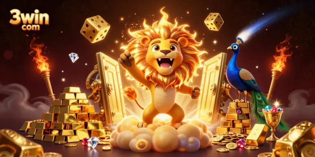 Win big at 3win com with vibrant casino-themed treasures and a roaring golden lion.