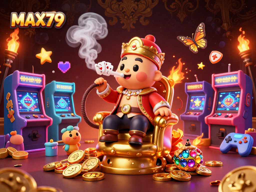 Engage in thrilling gameplay at MAX79, featuring an enchanting cartoon scene encircled by vibrant casino elements.