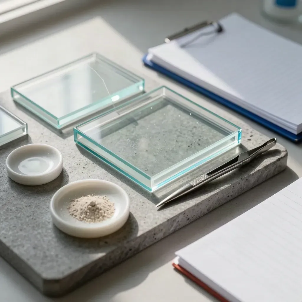 Zestaw laboratoryjny z pudełkami szkiełek, porcelanową miseczką i stalową tacą na kamieniu.