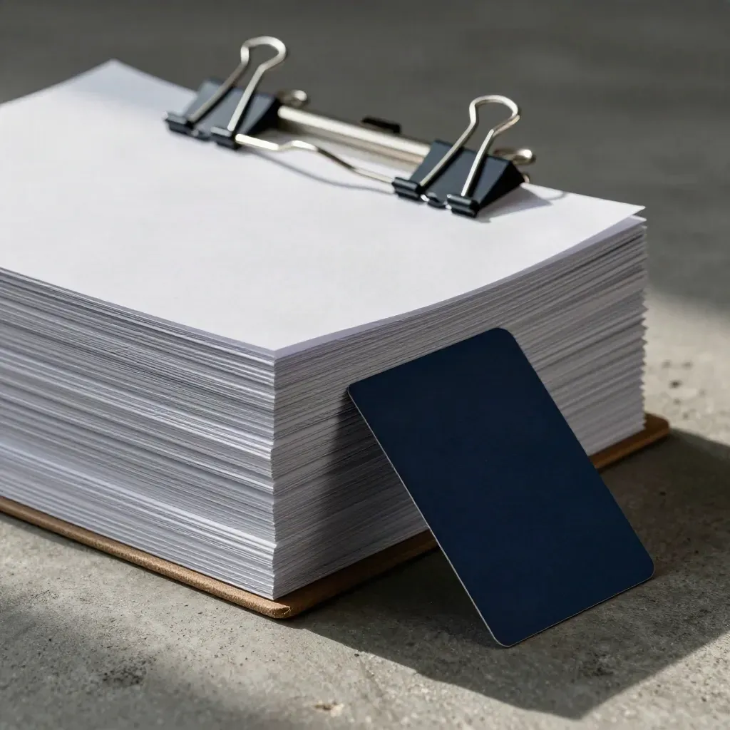 Skośny stos kart odpowiedzi z metalowym clipboardem i dwoma binder clipami na betonowej płycie.