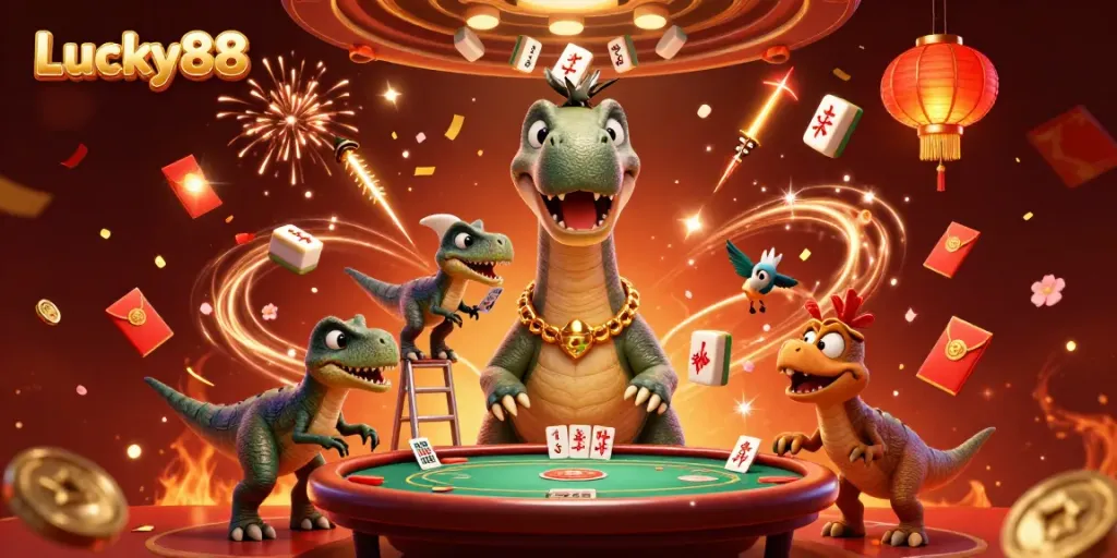 Experience the excitement of Lucky88 with a vibrant casino scene featuring fun characters and dynamic game elements.