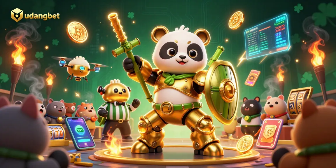 Engage with udangbet's thrilling gameplay featuring a golden panda in a mech-suit and vibrant crypto elements.