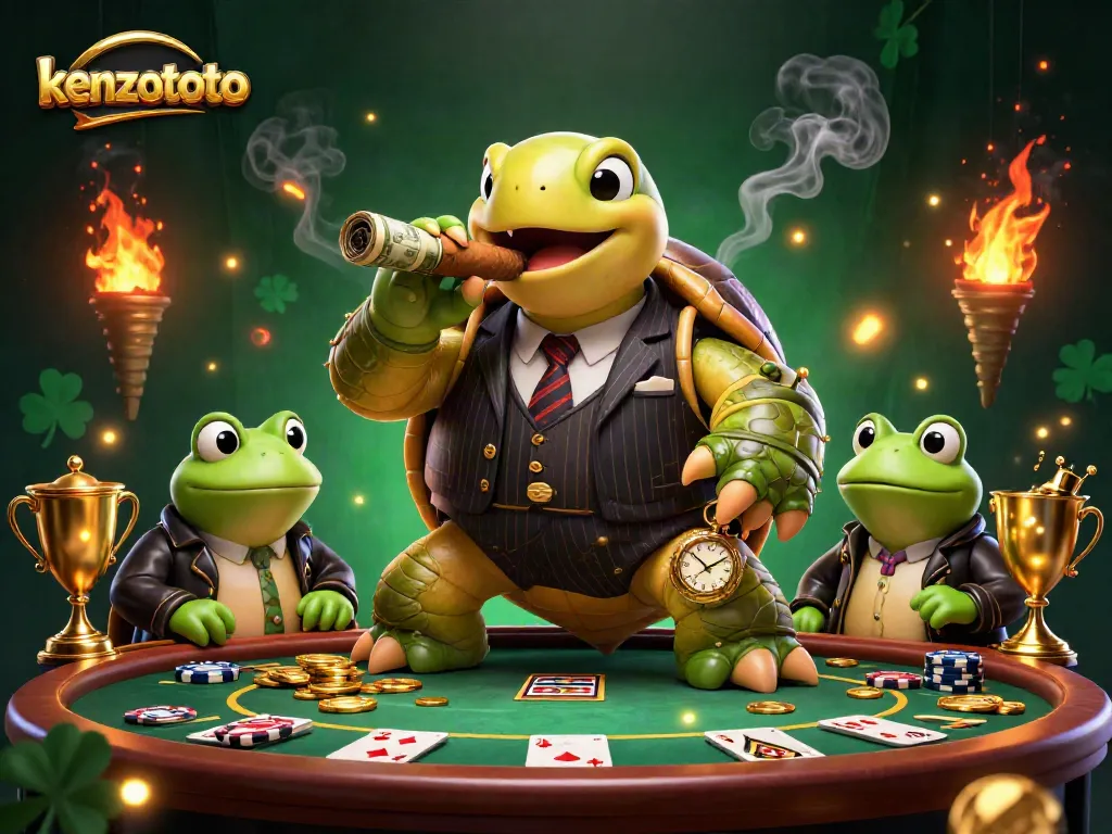 Kenzototo offers a vibrant casino experience with a turtle mobster and bullfrogs amidst poker action.