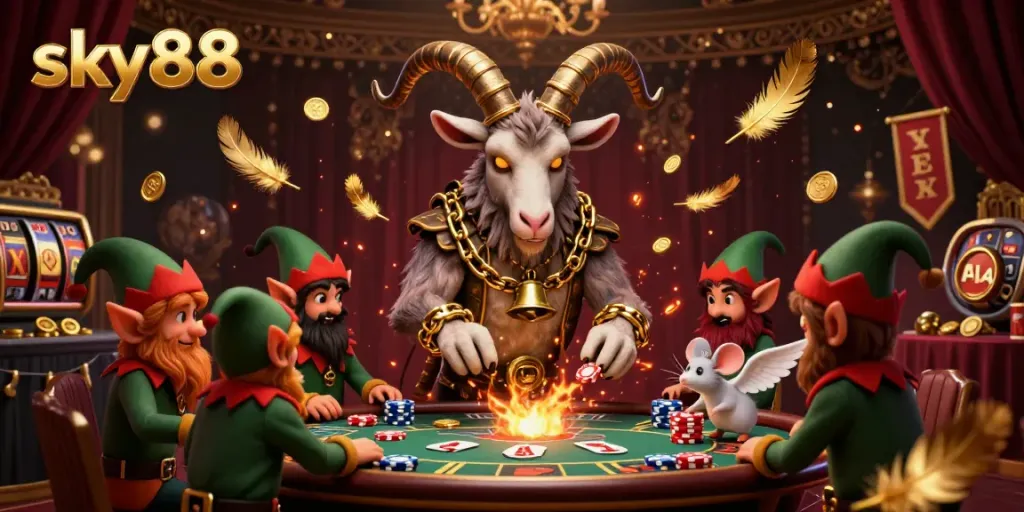 Experience sky88's vibrant casino scene with a playful Krampus managing chaos, filled with prizes and excitement.
