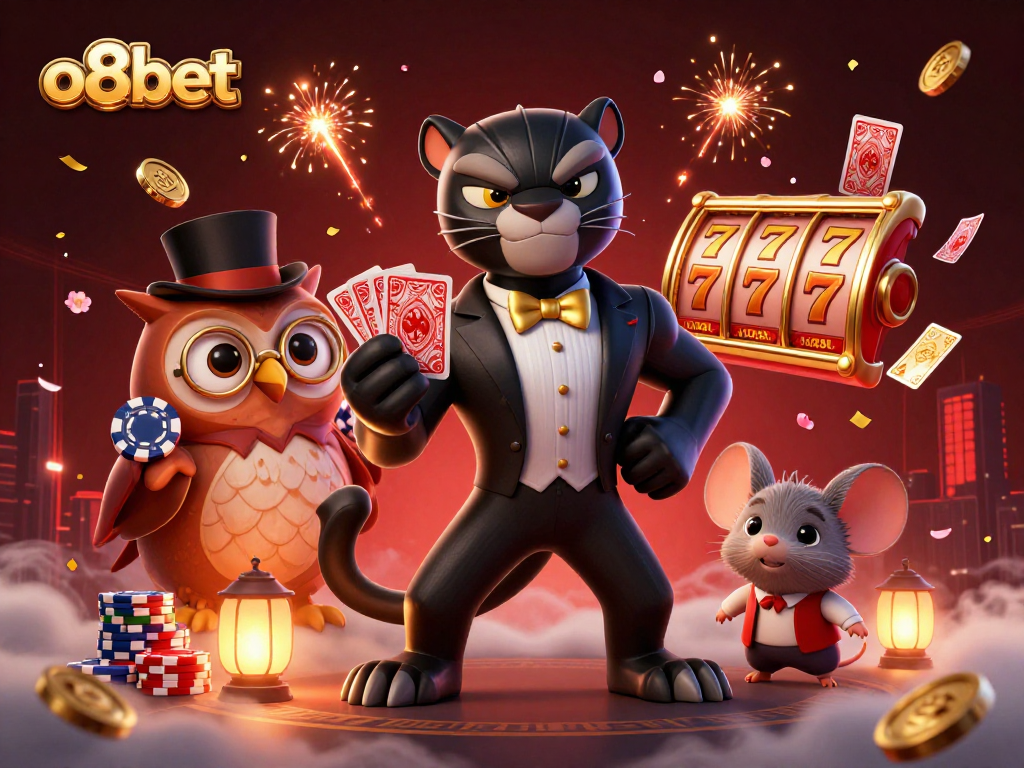 Join the excitement at o8bet with vibrant casino festivities featuring a stylish panther, owl, and mouse.