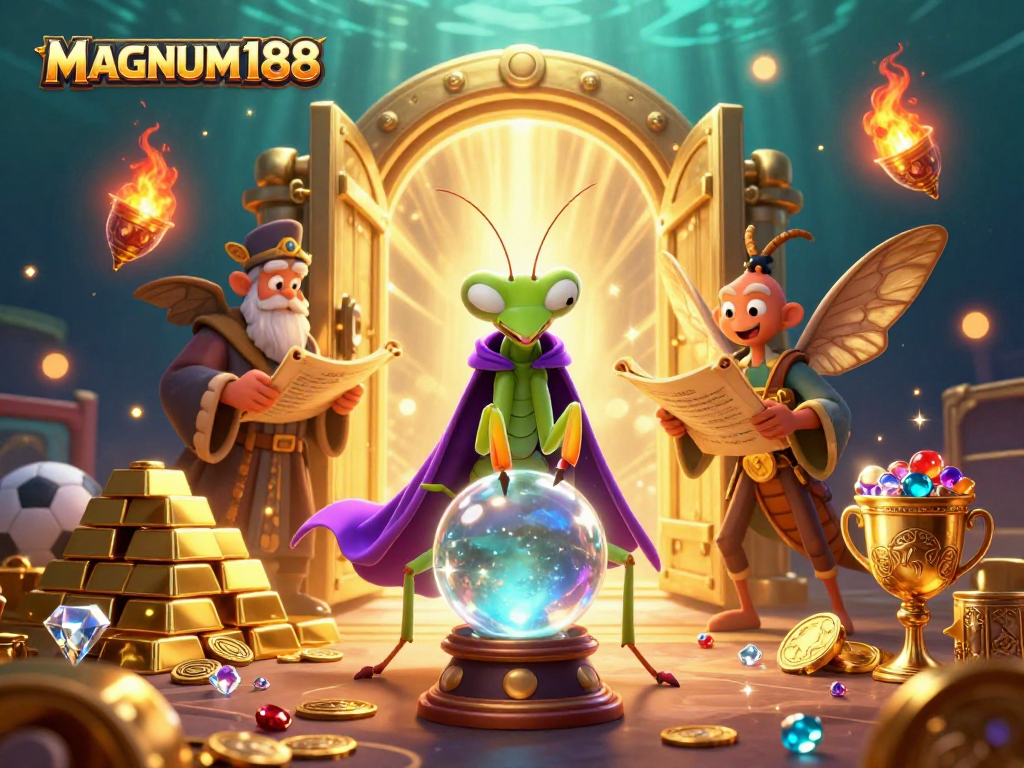 Win at MAGNUM188 with a mystical scene showcasing fortune tellers and sports betting elements.