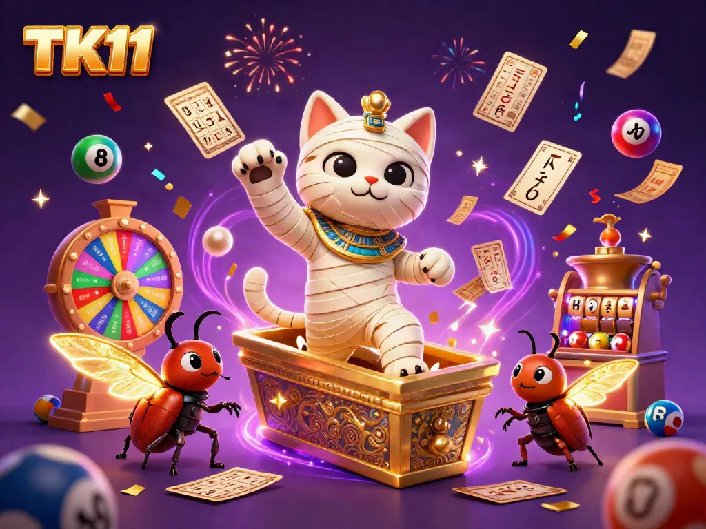 Experience the thrill of TK11 with a 3D cartoon mummy cat and glowing scarab in an energetic casino scene.