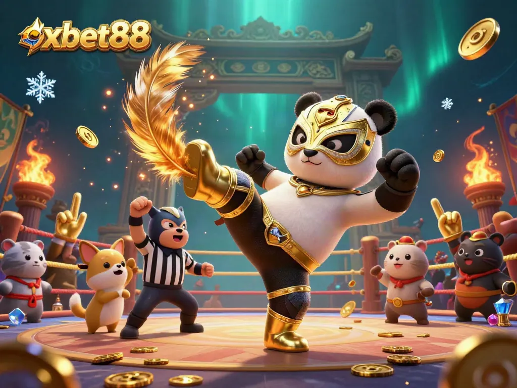 Immerse yourself in the excitement at oxbet88 with this vibrant 3D casino illustration featuring a panda wrestler and more.