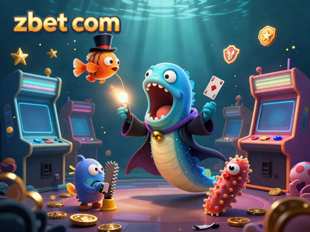 See the vibrant and colorful scene of zbet com with a bioluminescent eel performing magic amidst arcade-style casino elements.