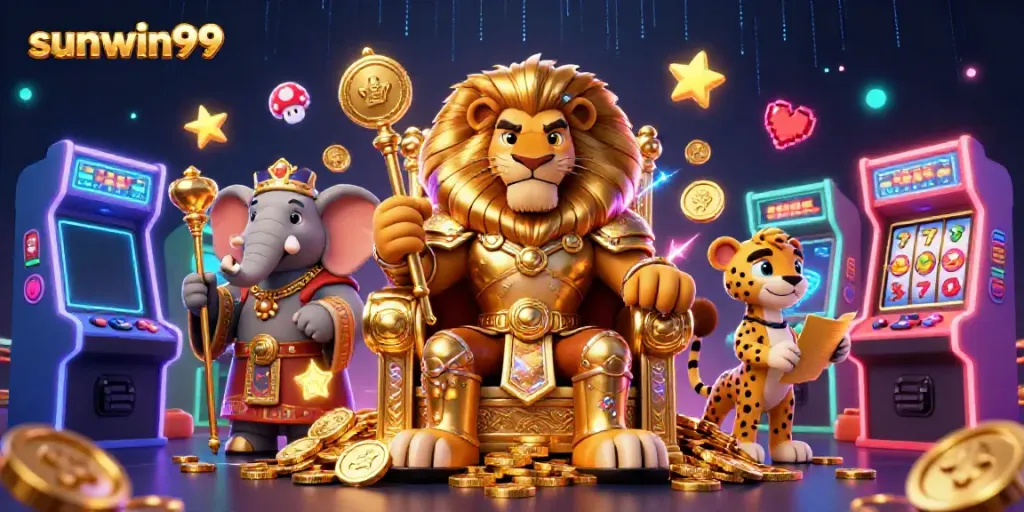 A vibrant scene featuring sunwin99 characters in a casino setting playing slot machines and games.